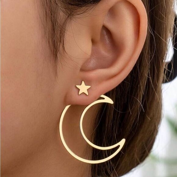 Minimalist Star & Moon Earring Elegant, Simple, Gold Tone, Unique Design - Picture 1 of 4